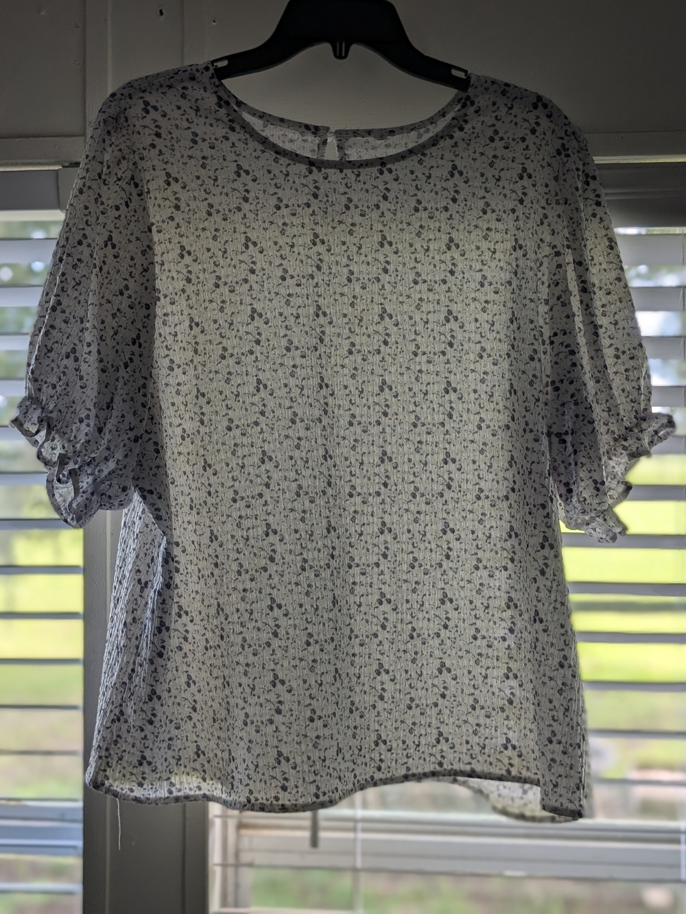 Women's White Floral Short-Sleeve Blouse with Ruffle Cuffs